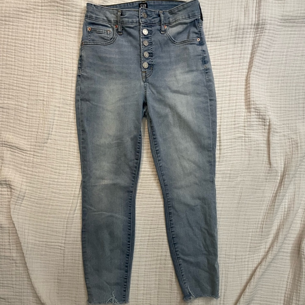 Gap, button-fly, light wash, high-waisted jeans